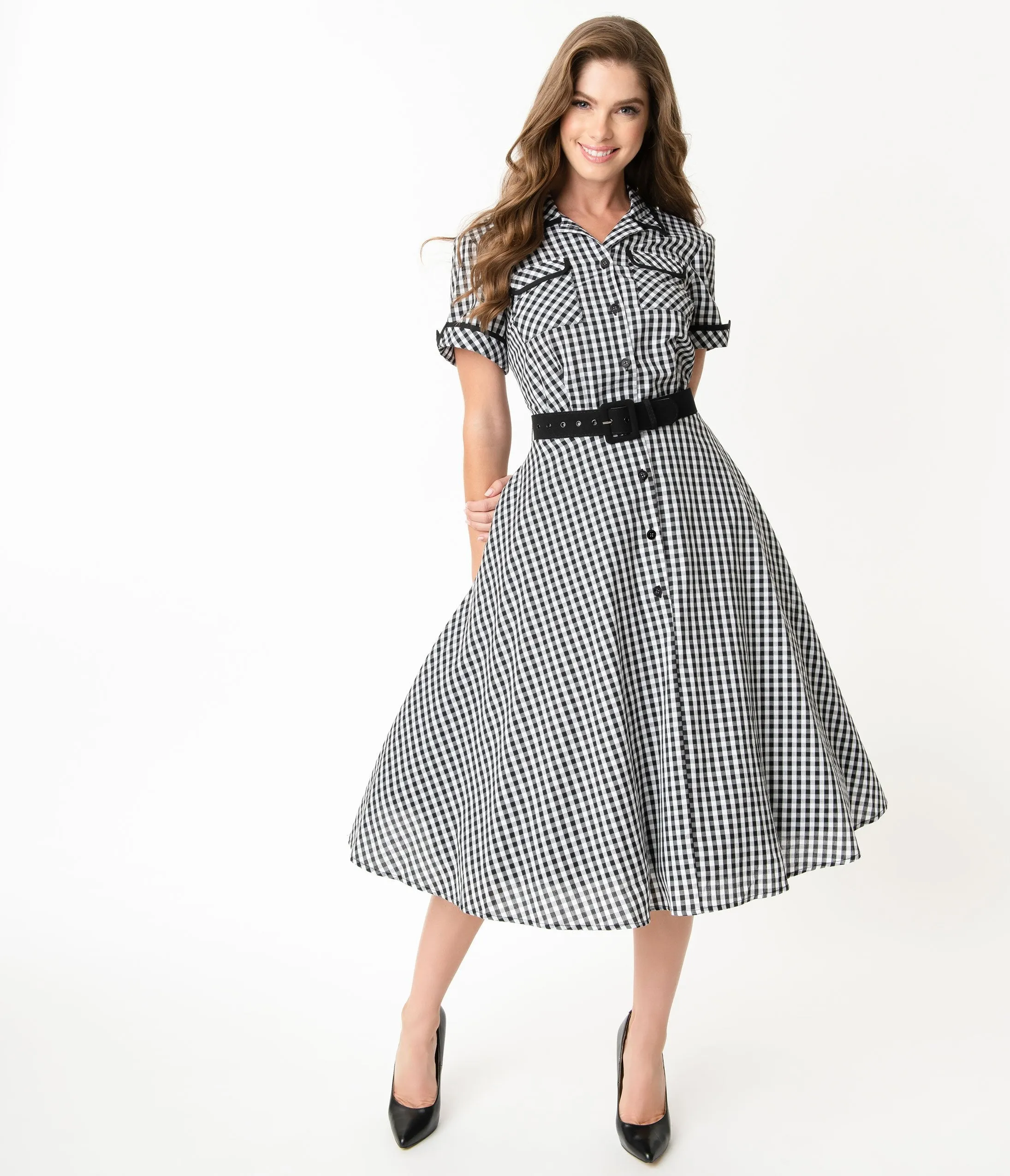 I Love Lucy x Unique Vintage Black & White Gingham Ethel Swing Dress