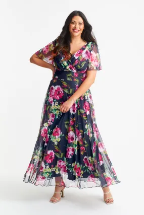 Isabelle Navy Cerise Print Float Sleeve Maxi Dress