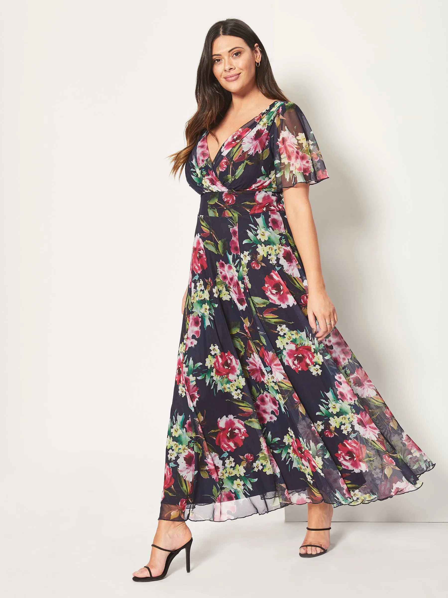 Isabelle Navy Cerise Print Float Sleeve Maxi Dress
