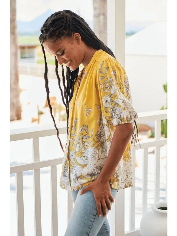 JAASE Womens Calla Lily Print Sierra Short Sleeve Blouse - Yellow