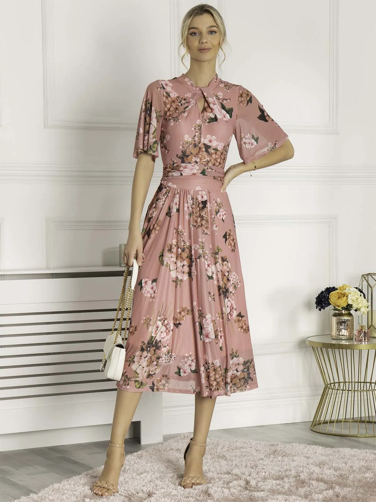 Jolie Moi Danika Keyhole Neck Mesh Dress, Mauve Pink