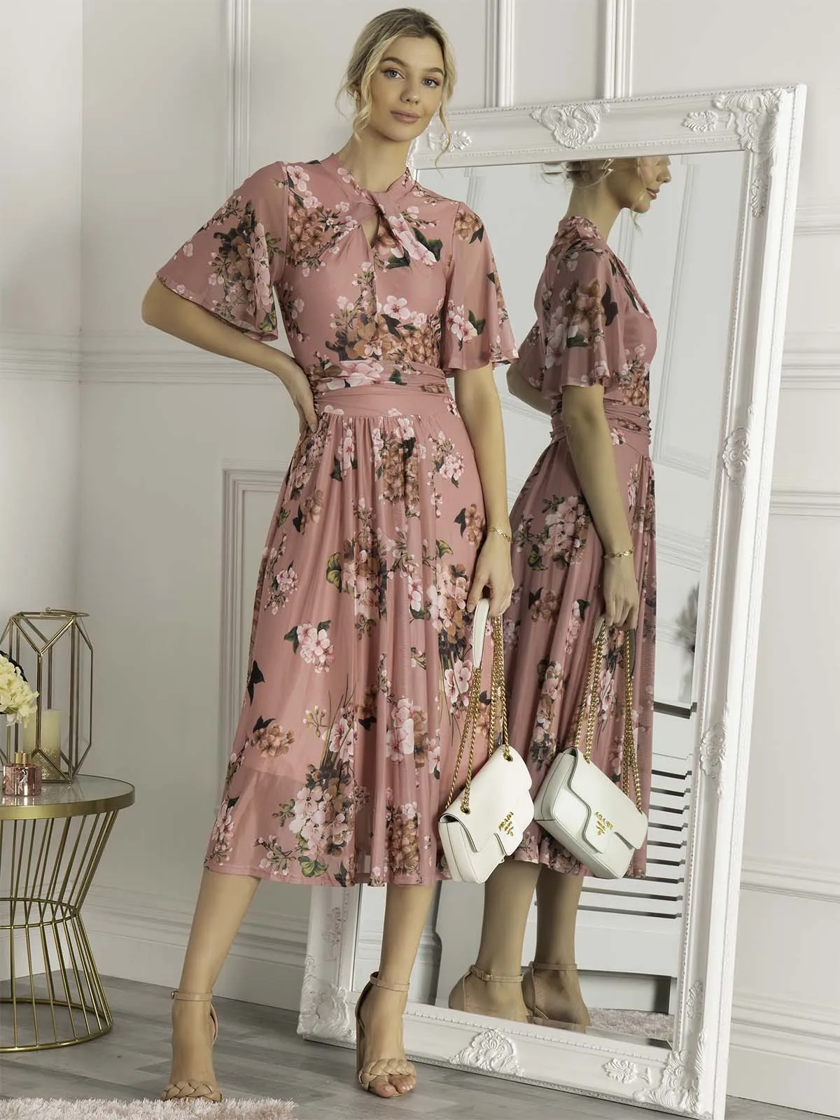 Jolie Moi Danika Keyhole Neck Mesh Dress, Mauve Pink