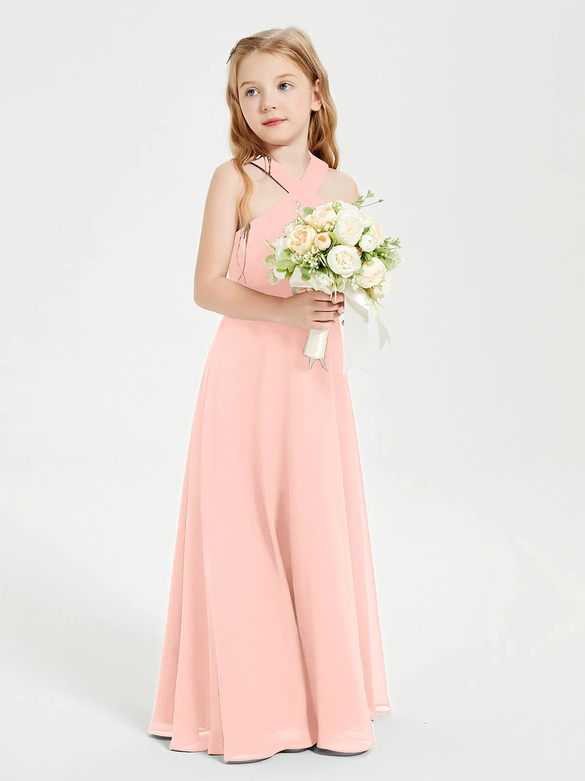 Junior Bridesmaid Dresses Grecian Neckline Floor Length Coral