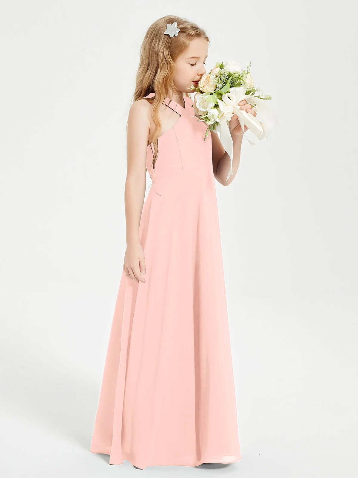 Junior Bridesmaid Dresses Grecian Neckline Floor Length Coral