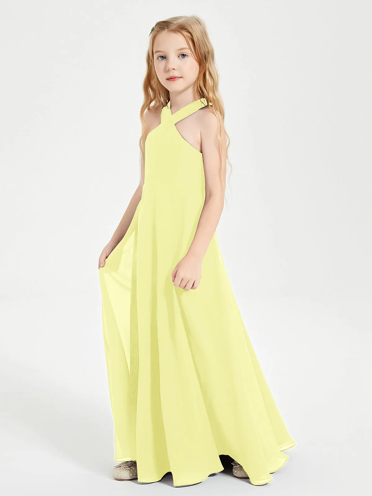 Junior Bridesmaid Dresses Grecian Neckline Floor Length Daffodil