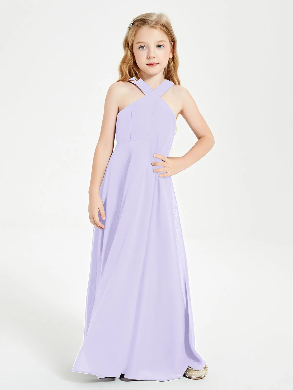 Junior Bridesmaid Dresses Grecian Neckline Floor Length Lilac