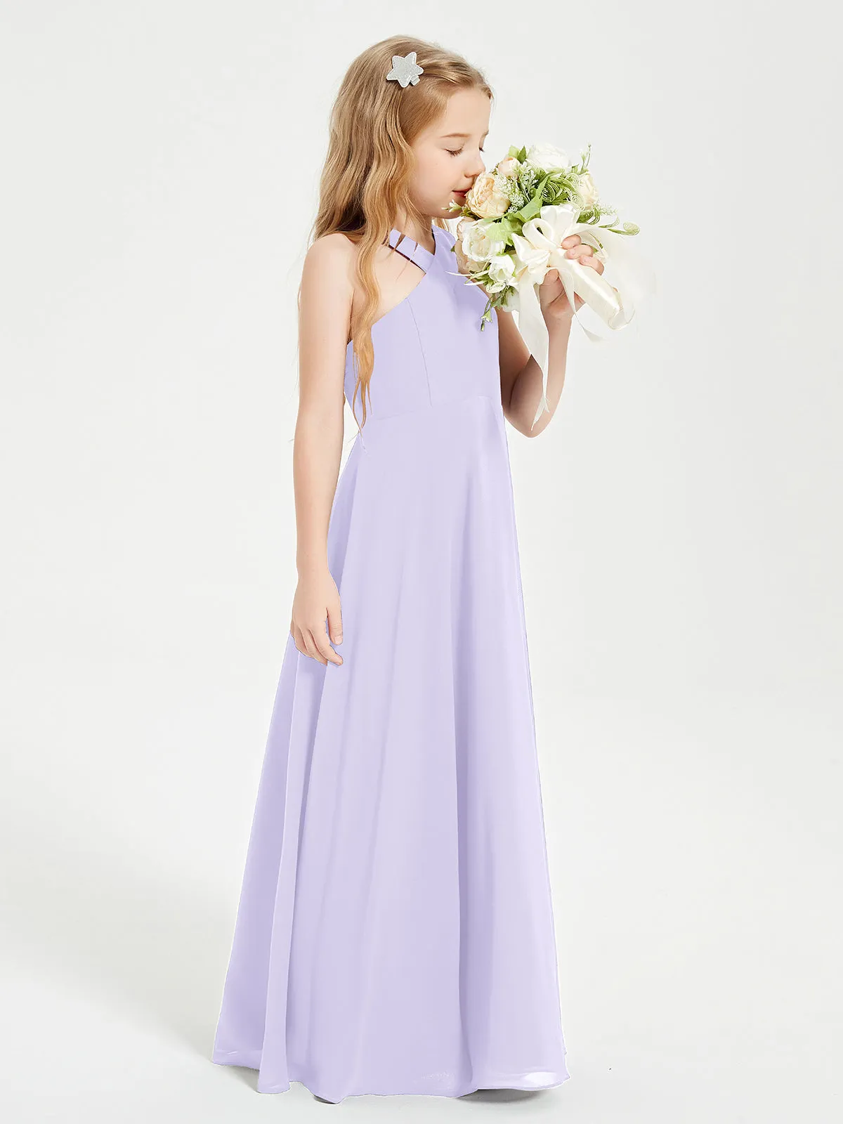 Junior Bridesmaid Dresses Grecian Neckline Floor Length Lilac