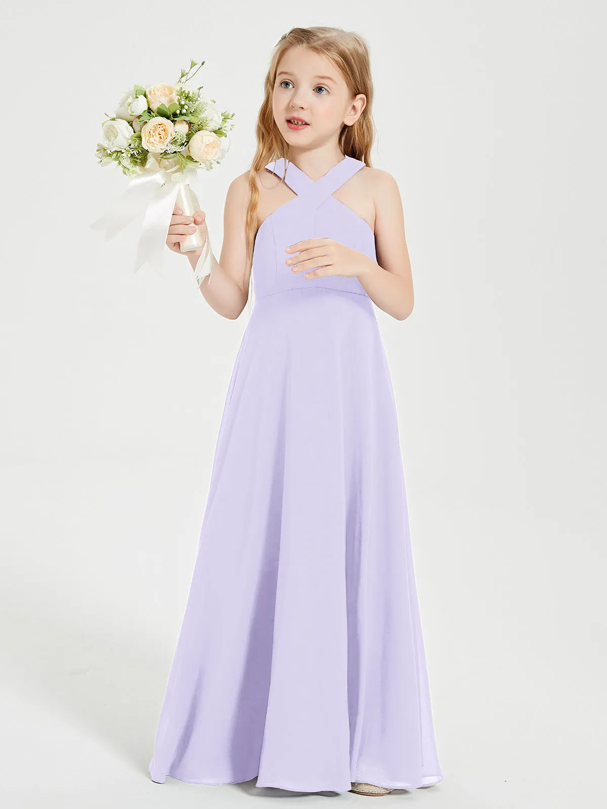 Junior Bridesmaid Dresses Grecian Neckline Floor Length Lilac
