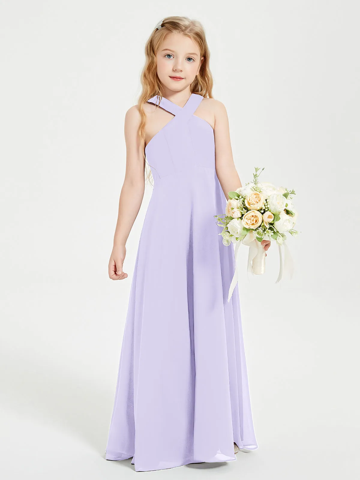 Junior Bridesmaid Dresses Grecian Neckline Floor Length Lilac