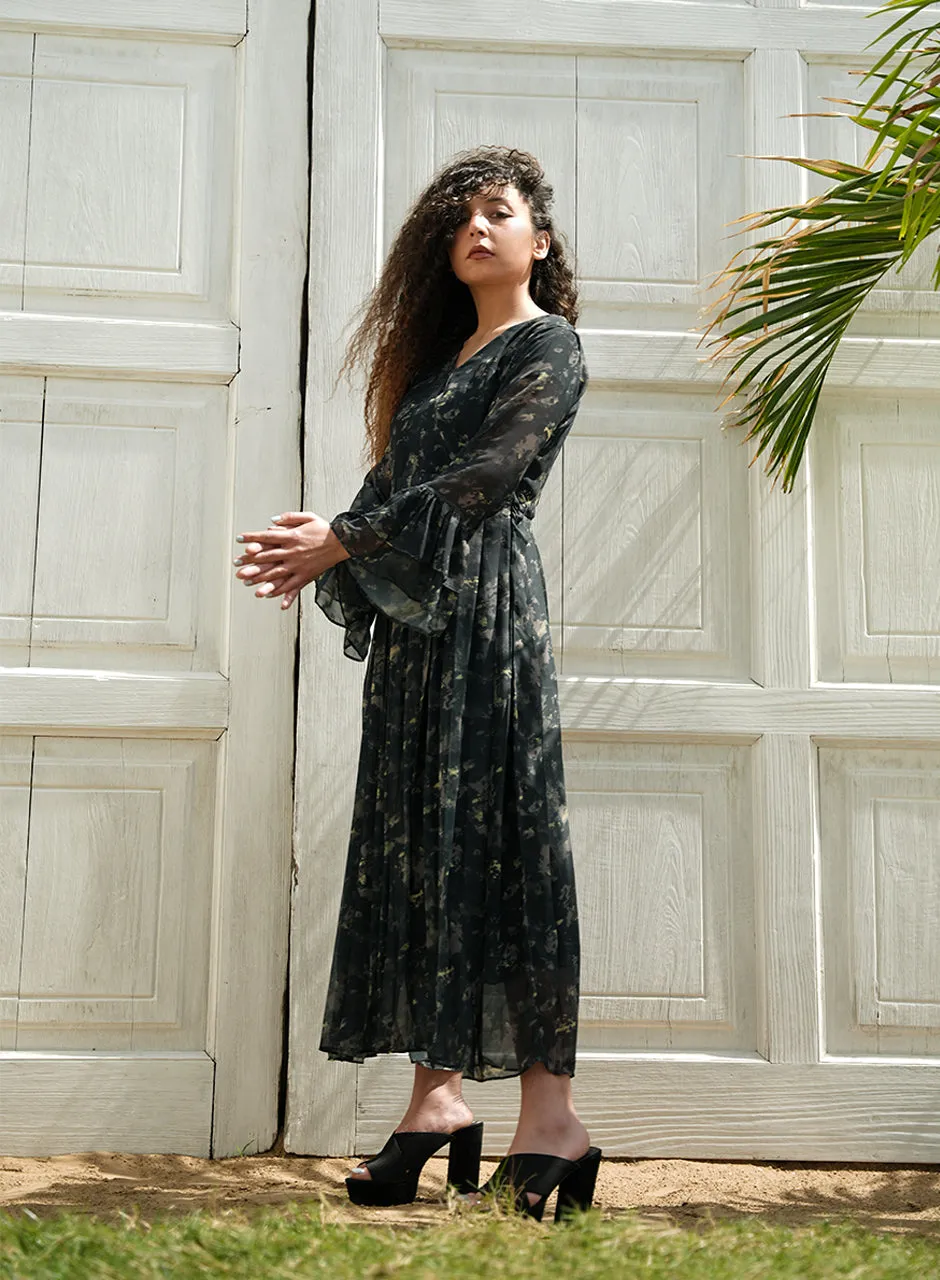 La Fleur - MIDNIGHT BLOOM - Dark Green Printed Short Maxi
