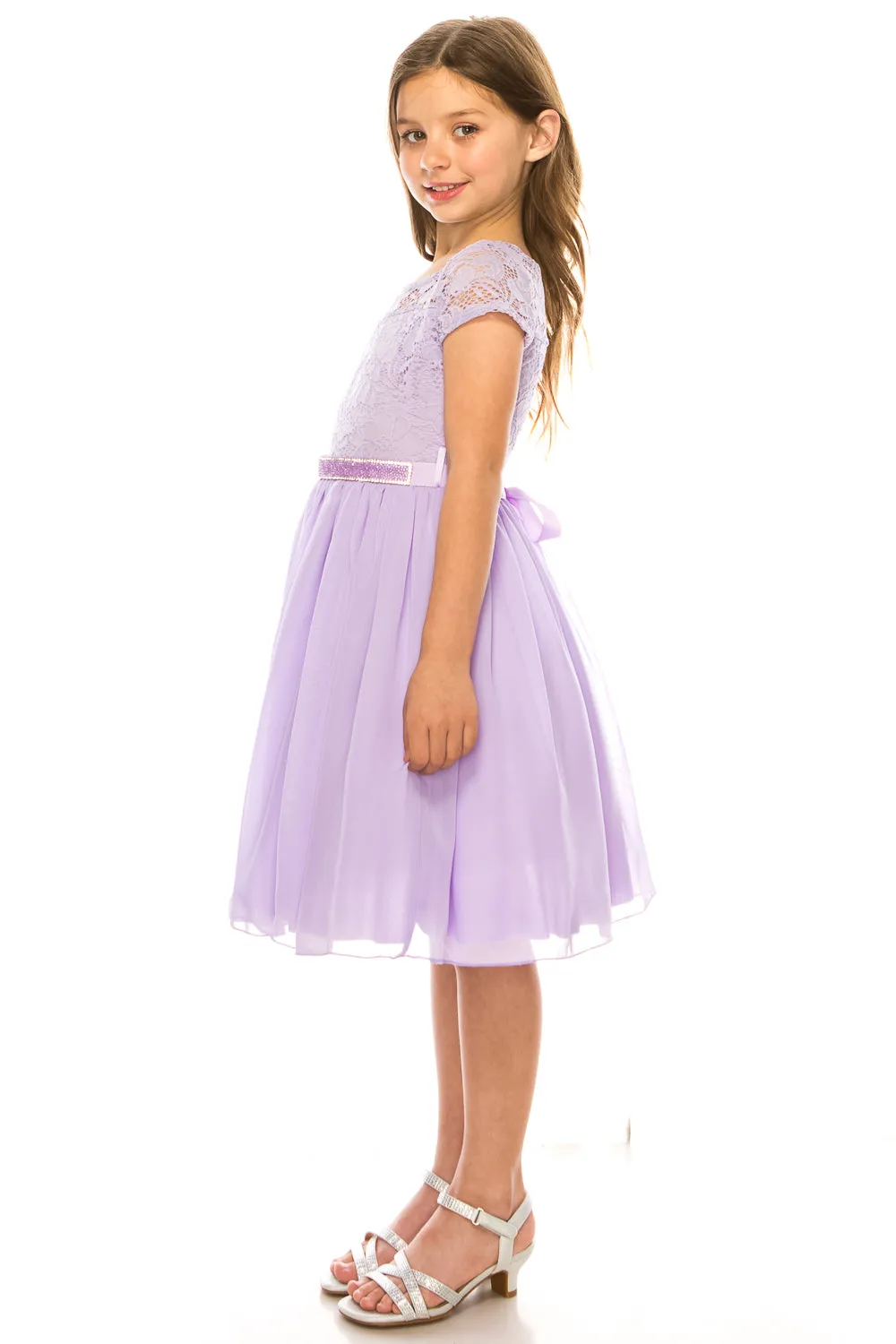 Lace and Chiffon Junior Bridesmaid Party Dress with Stone Belt, Sizes 8-14