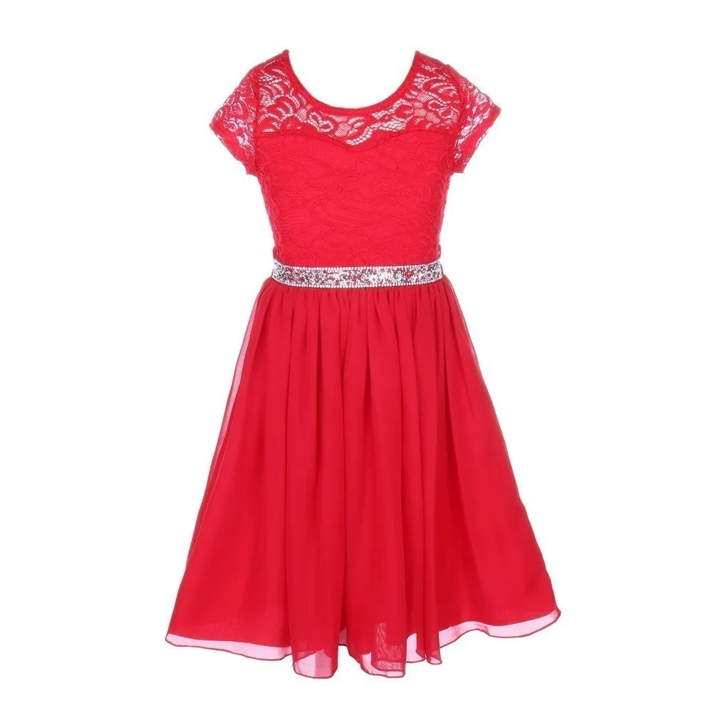 Lace and Chiffon Junior Bridesmaid Party Dress with Stone Belt, Sizes 8-14
