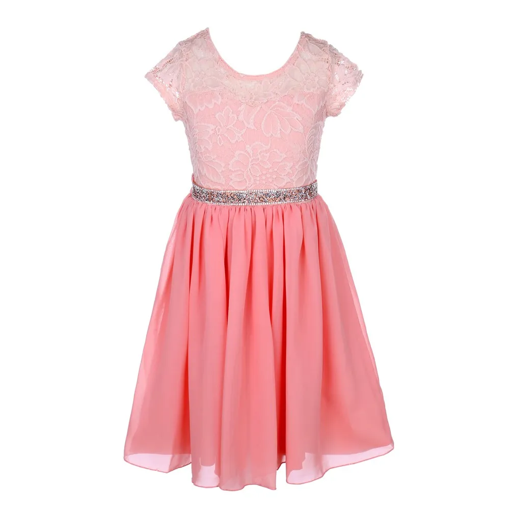 Lace and Chiffon Junior Bridesmaid Party Dress with Stone Belt, Sizes 8-14