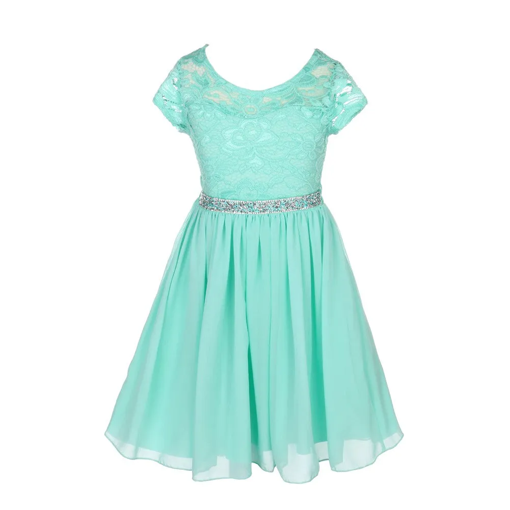 Lace and Chiffon Junior Bridesmaid Party Dress with Stone Belt, Sizes 8-14