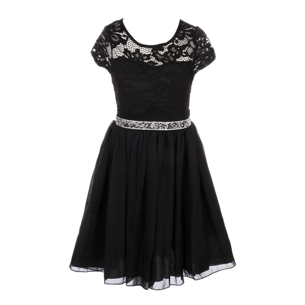 Lace and Chiffon Junior Bridesmaid Party Dress with Stone Belt, Sizes 8-14