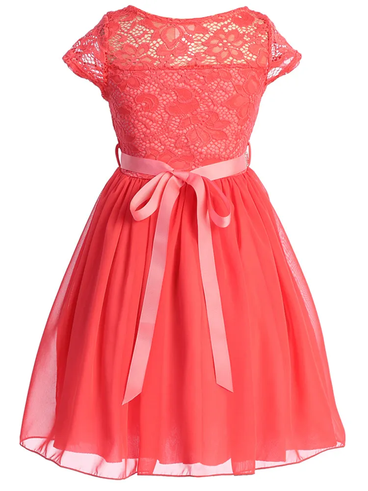 Lace and Chiffon Junior Bridesmaid Party Dress with Stone Belt, Sizes 8-14