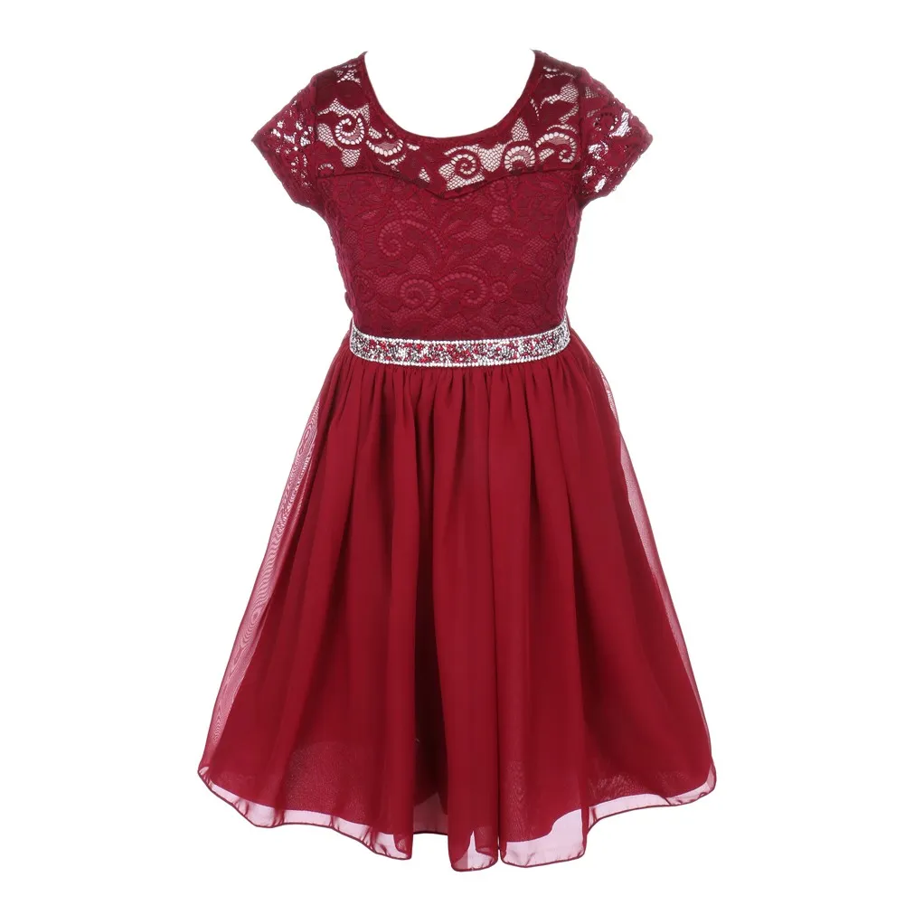 Lace and Chiffon Junior Bridesmaid Party Dress with Stone Belt, Sizes 8-14