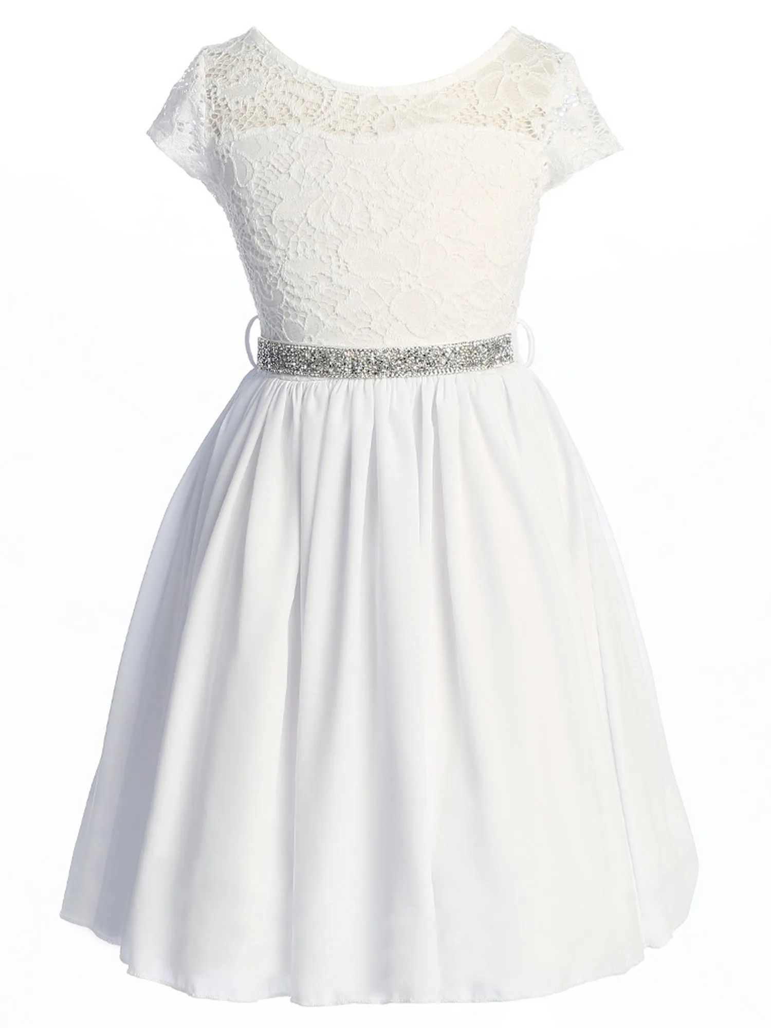 Lace and Chiffon Junior Bridesmaid Party Dress with Stone Belt, Sizes 8-14