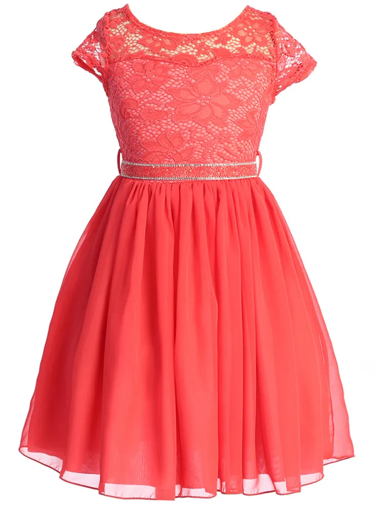 Lace and Chiffon Junior Bridesmaid Party Dress with Stone Belt, Sizes 8-14