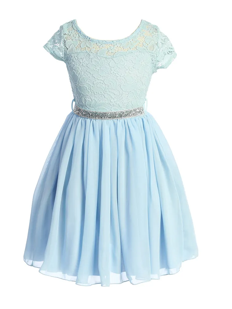 Lace and Chiffon Junior Bridesmaid Party Dress with Stone Belt, Sizes 8-14