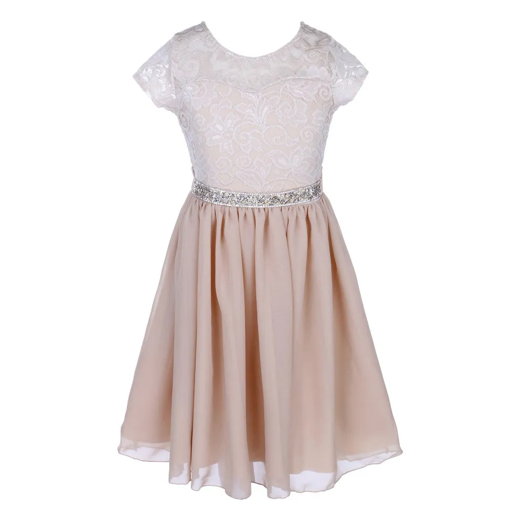 Lace and Chiffon Junior Bridesmaid Party Dress with Stone Belt, Sizes 8-14