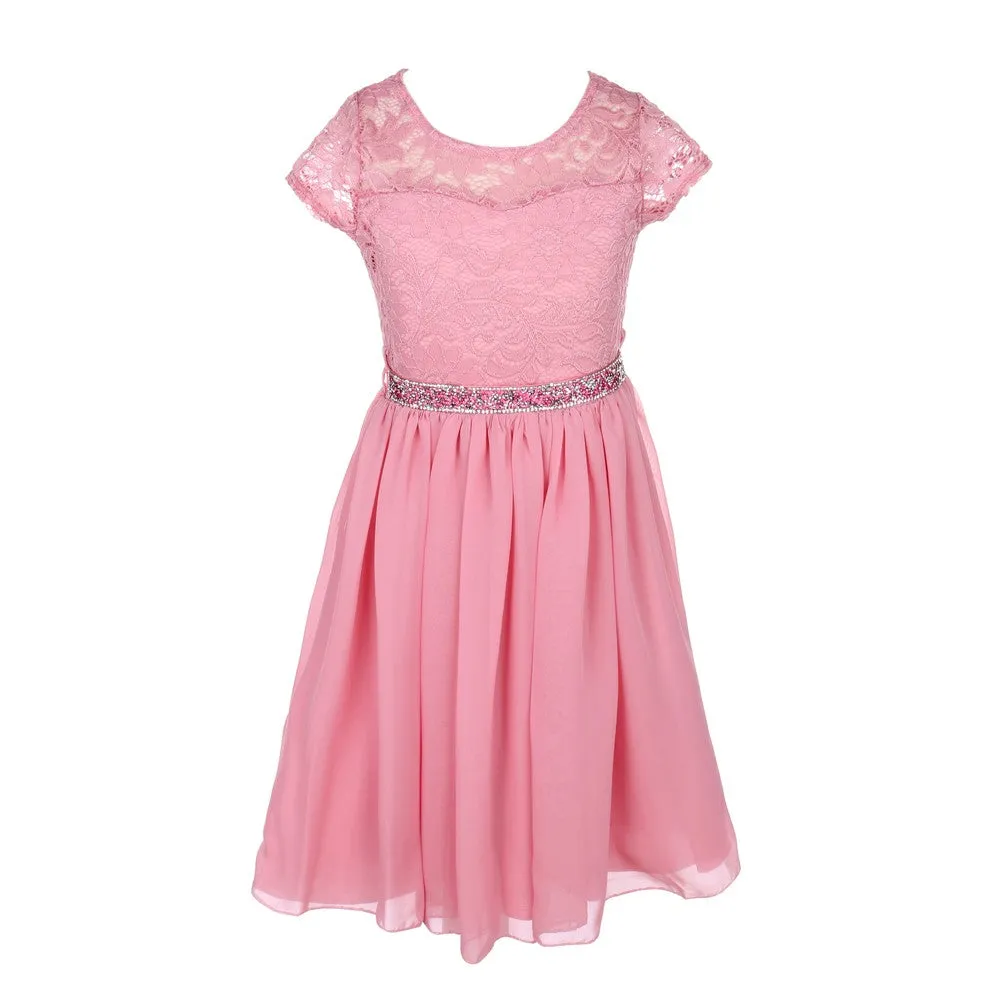 Lace and Chiffon Junior Bridesmaid Party Dress with Stone Belt, Sizes 8-14