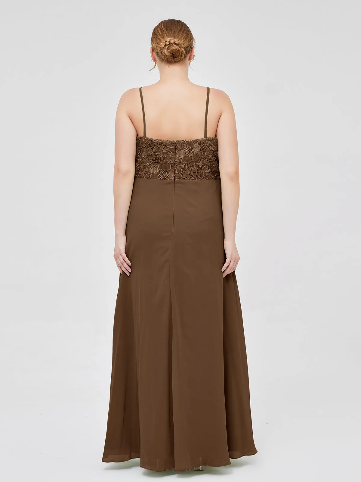 Lace and Chiffon Long Dresses with Spaghetti Straps Brown