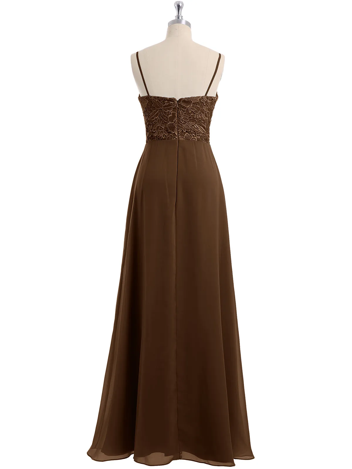 Lace and Chiffon Long Dresses with Spaghetti Straps Brown