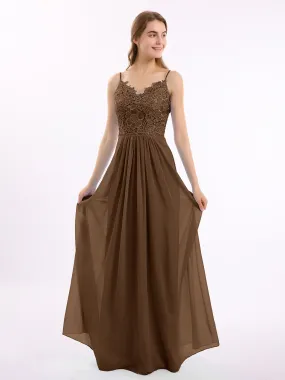 Lace and Chiffon Long Dresses with Spaghetti Straps Brown