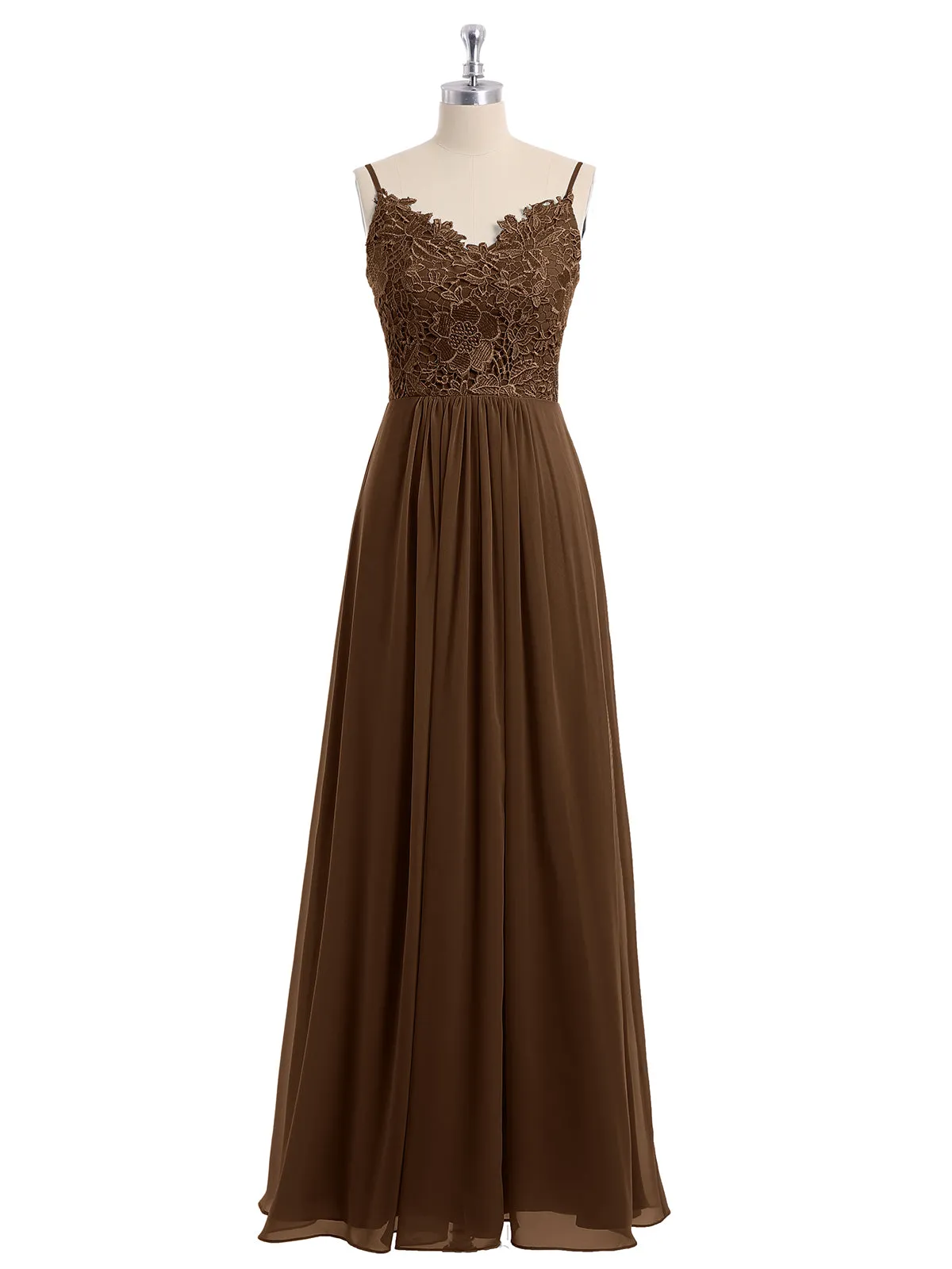 Lace and Chiffon Long Dresses with Spaghetti Straps Brown
