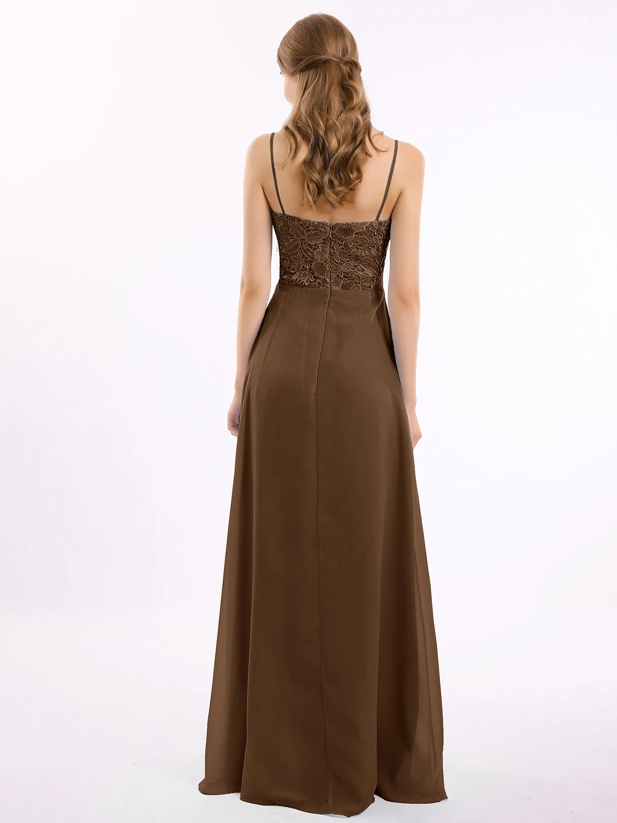Lace and Chiffon Long Dresses with Spaghetti Straps Brown