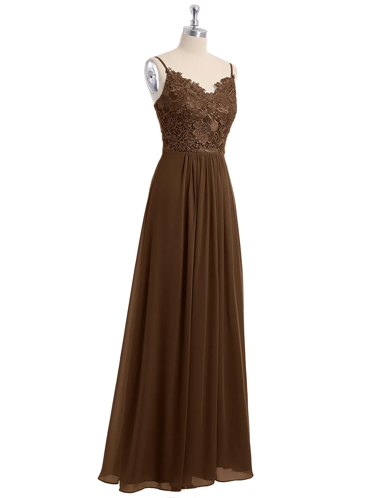 Lace and Chiffon Long Dresses with Spaghetti Straps Brown