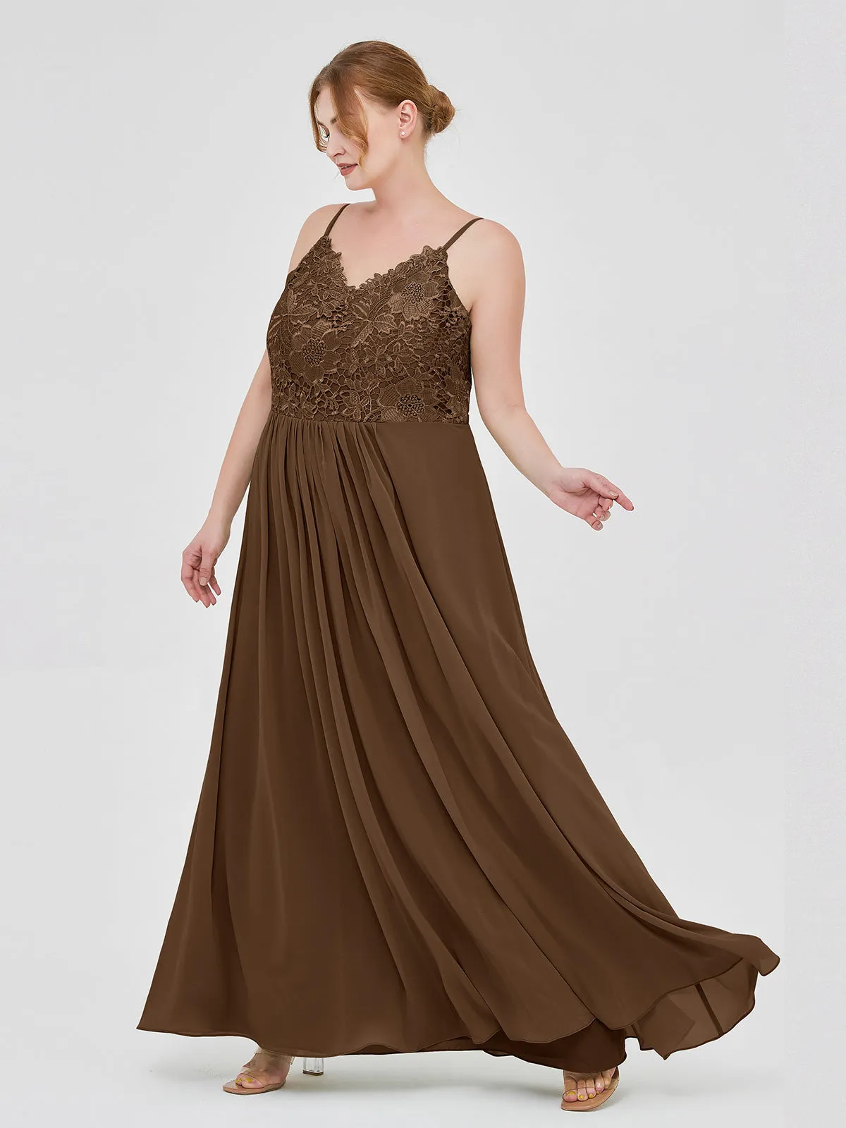 Lace and Chiffon Long Dresses with Spaghetti Straps Brown