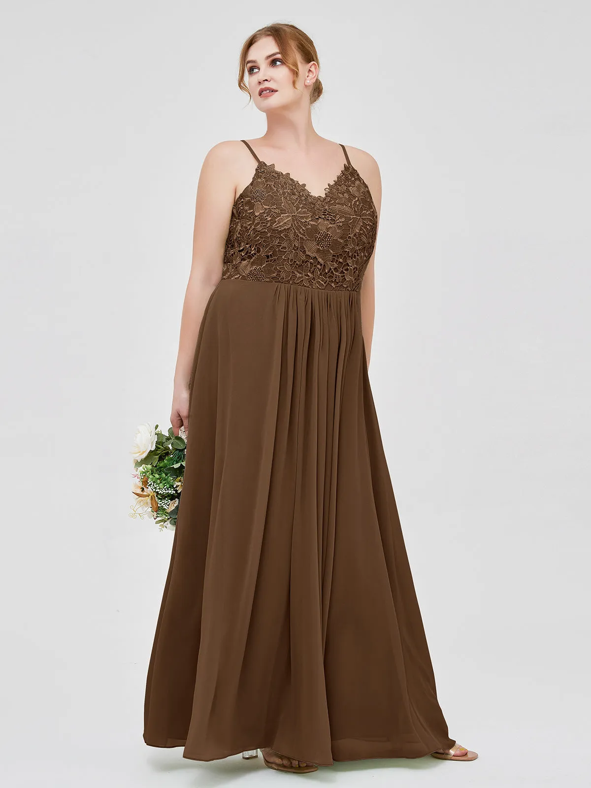 Lace and Chiffon Long Dresses with Spaghetti Straps Brown