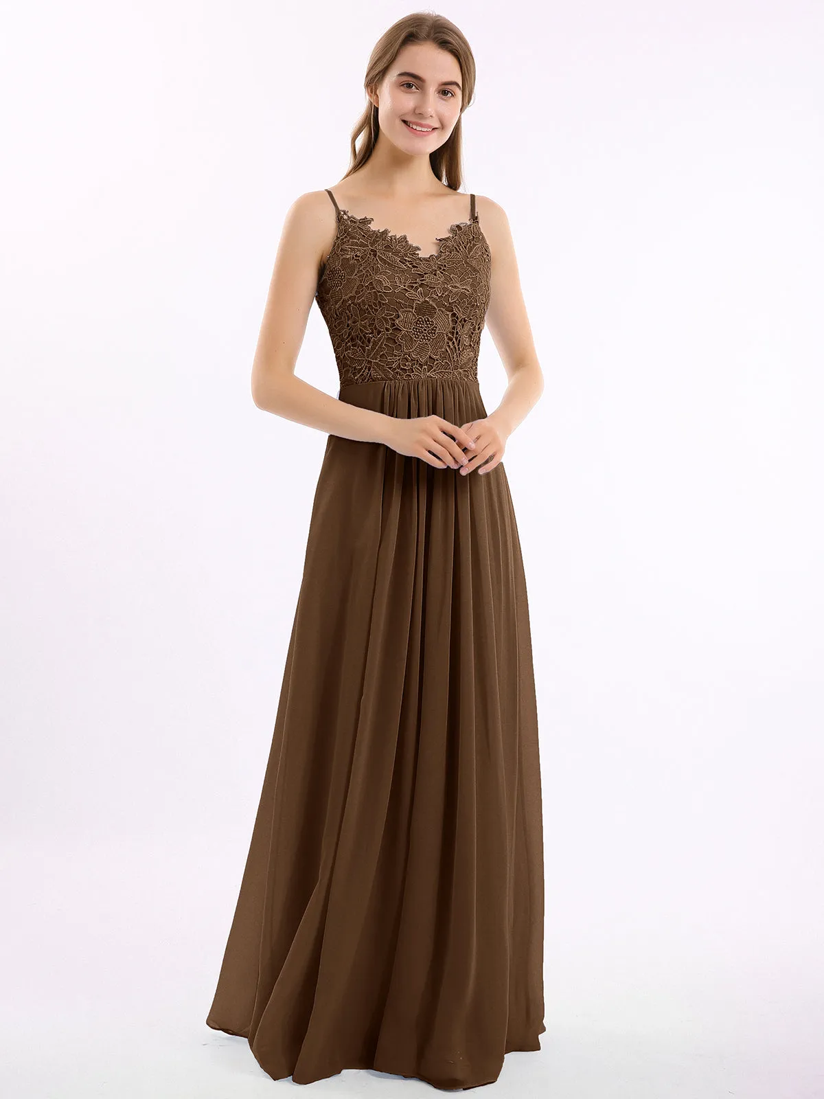 Lace and Chiffon Long Dresses with Spaghetti Straps Brown