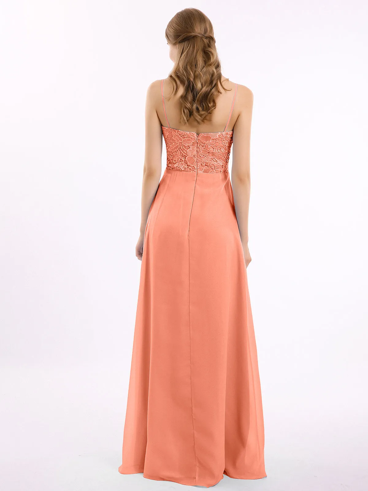 Lace and Chiffon Long Dresses with Spaghetti Straps Sunset