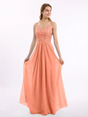 Lace and Chiffon Long Dresses with Spaghetti Straps Sunset