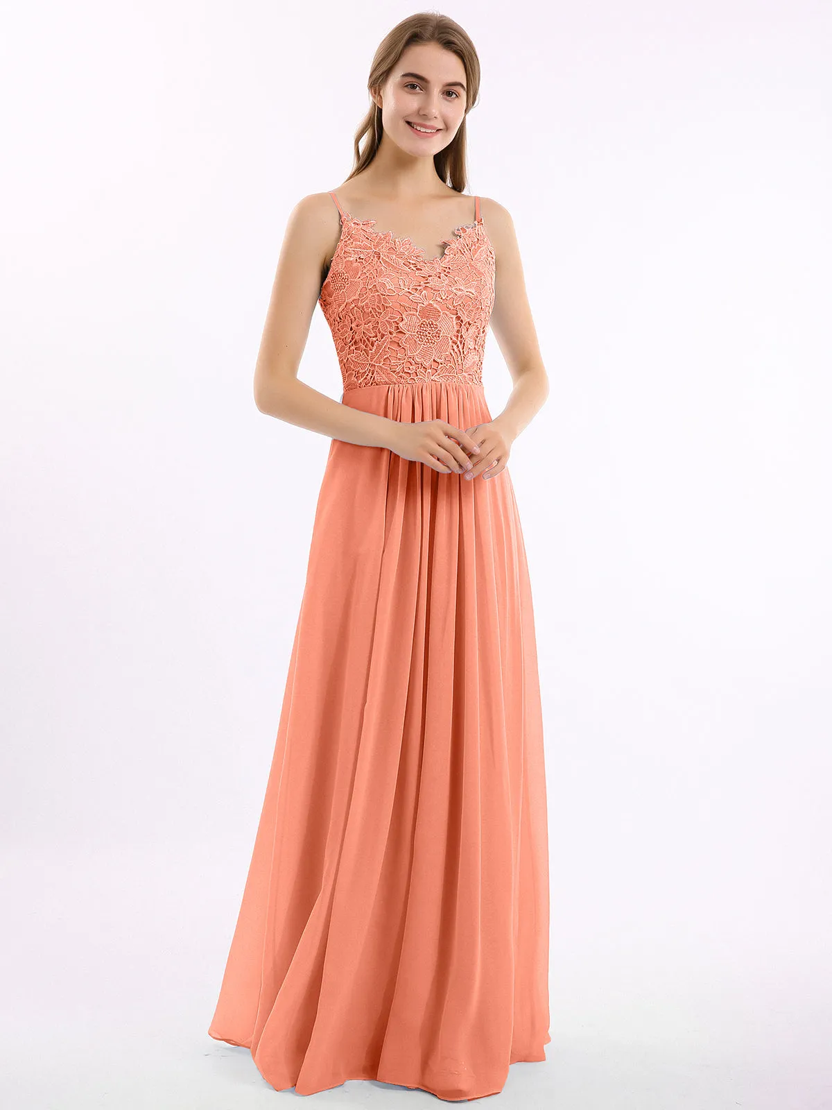 Lace and Chiffon Long Dresses with Spaghetti Straps Sunset