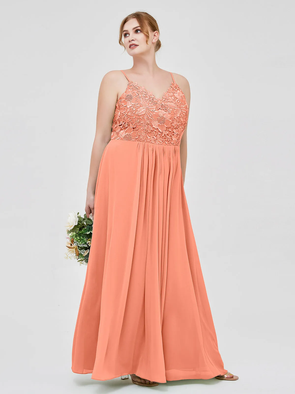 Lace and Chiffon Long Dresses with Spaghetti Straps Sunset