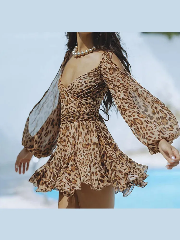 Lady Glams Sexy Summer Women Pleated Short Beach Dress - Fashion V-neck Split Long Sleeve A-line Mini Dress 2024 Casual Lady Party