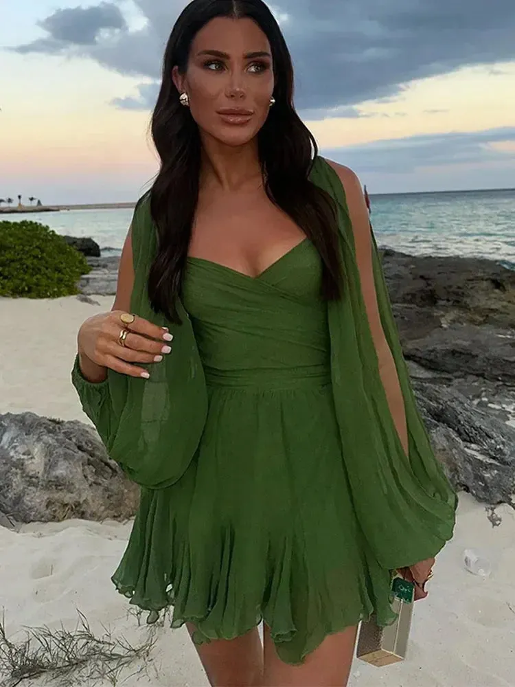 Lady Glams Sexy Summer Women Pleated Short Beach Dress - Fashion V-neck Split Long Sleeve A-line Mini Dress 2024 Casual Lady Party