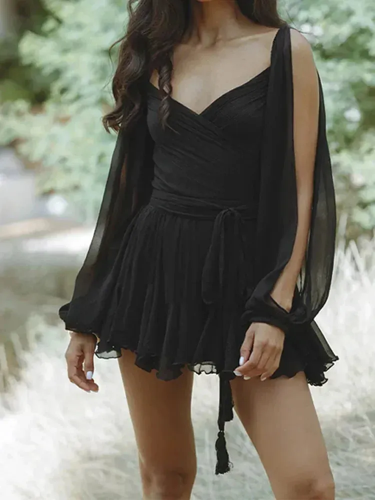 Lady Glams Sexy Summer Women Pleated Short Beach Dress - Fashion V-neck Split Long Sleeve A-line Mini Dress 2024 Casual Lady Party