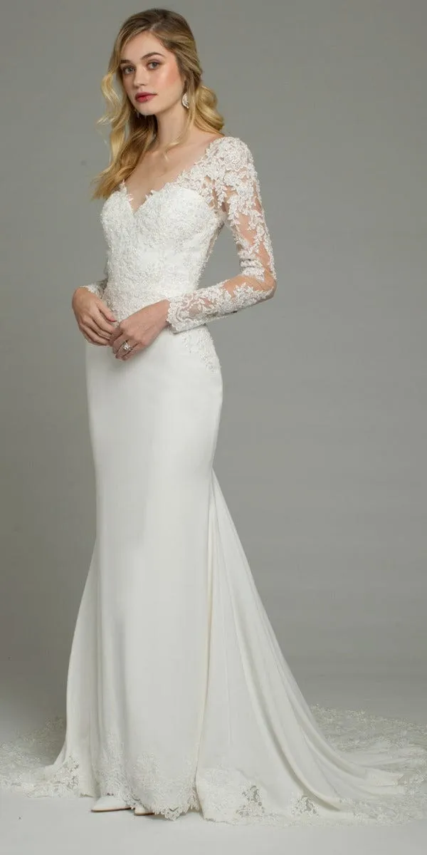 Long Sleeve Applique Crepe Button Back Lace Dress