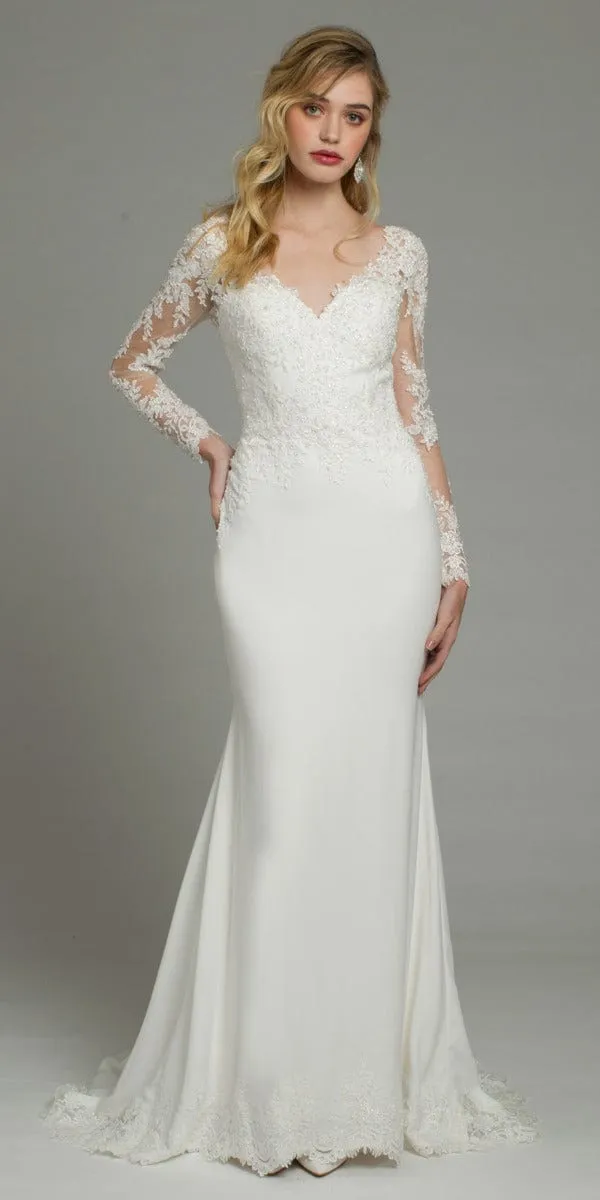 Long Sleeve Applique Crepe Button Back Lace Dress
