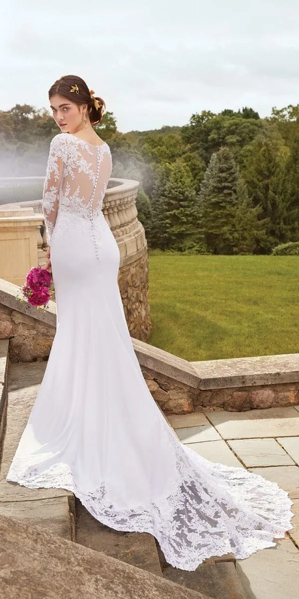 Long Sleeve Applique Crepe Button Back Lace Dress