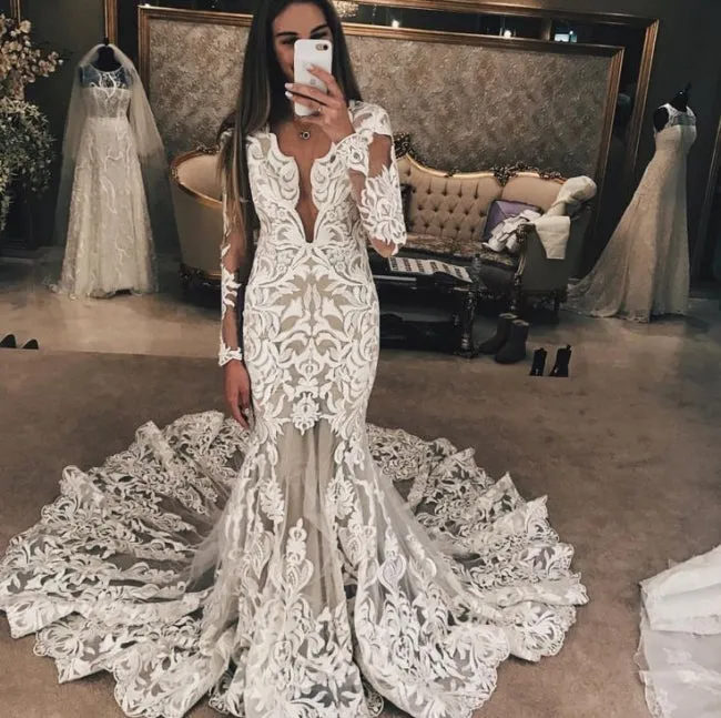 Long Sleeve Unique Lace Wedding Dresses | Mermaid Lace Long Train Bridal Gown