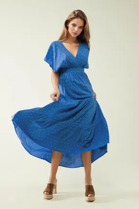 loose maxi blue dress sith golden details