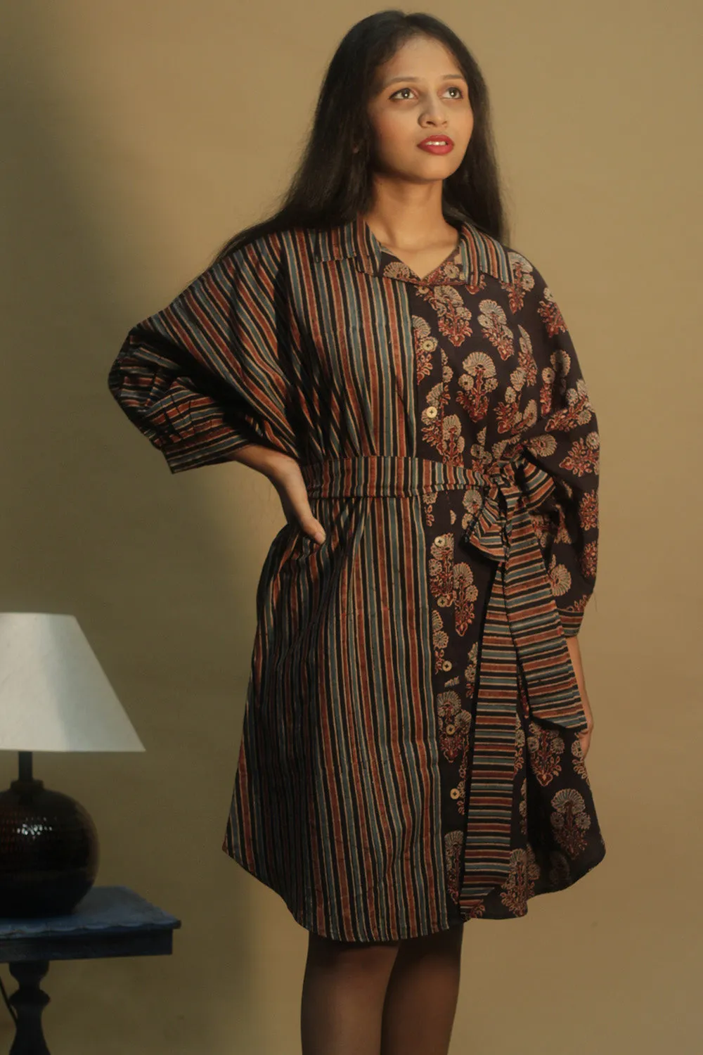 Maati | Belted Shirt Dress | Noir  Floral &  Stripes Ajrakh