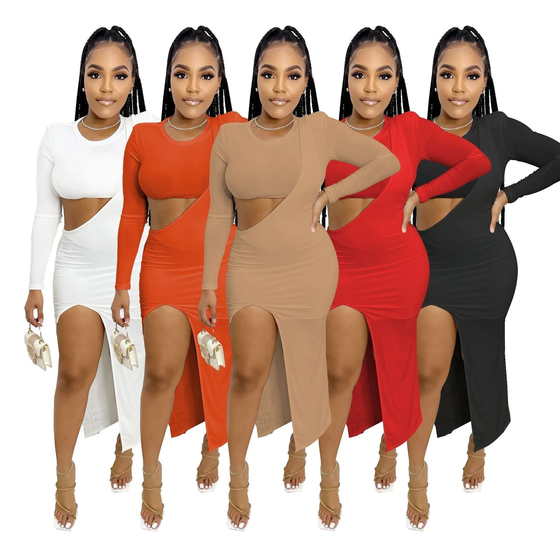MB FASHION Two-Piece Crop Top and Maxi Skirt Set with Thigh Slit 8258R