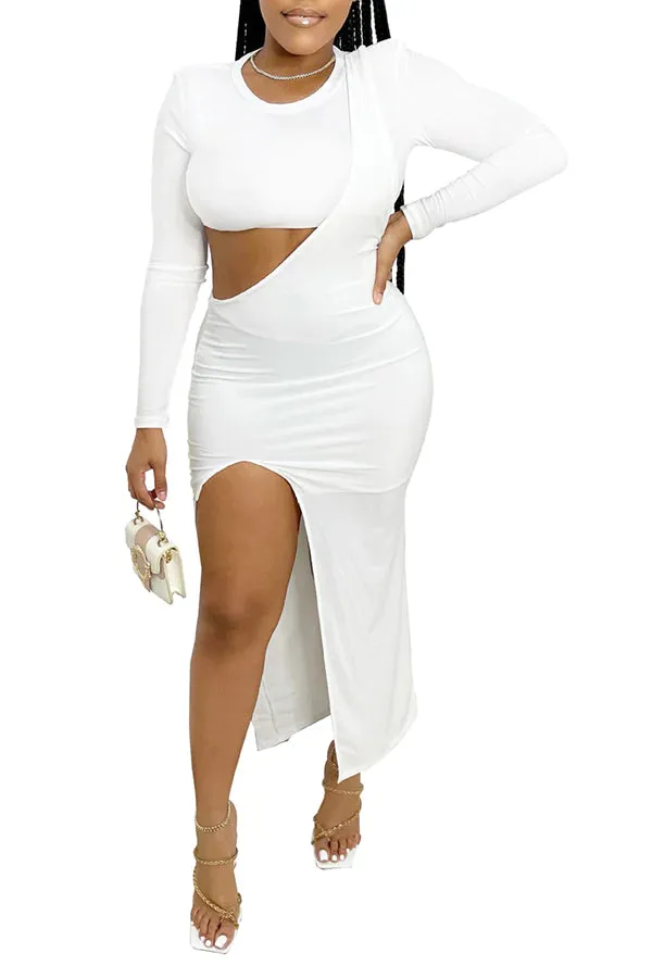 MB FASHION Two-Piece Crop Top and Maxi Skirt Set with Thigh Slit 8258R